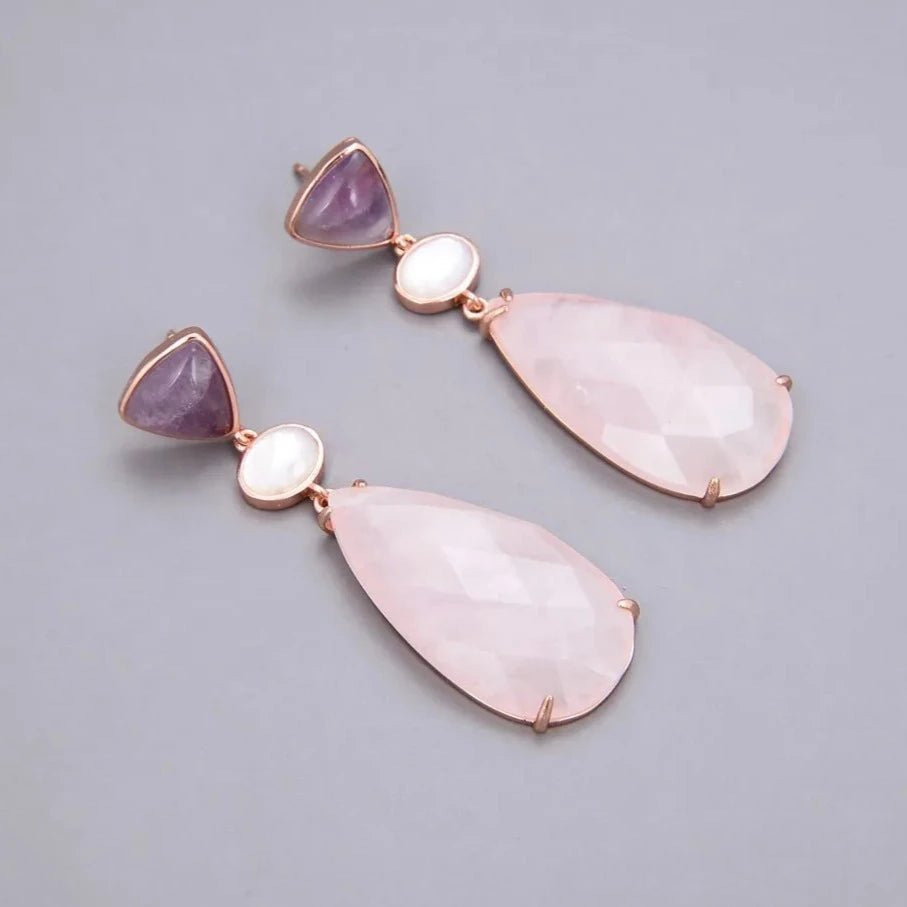 EarringsNatural Purple Amethyst Rose Quartz White Shell Earrings - WS JewelleryEarringNatural Stone ColelctionNatural Stone Earring