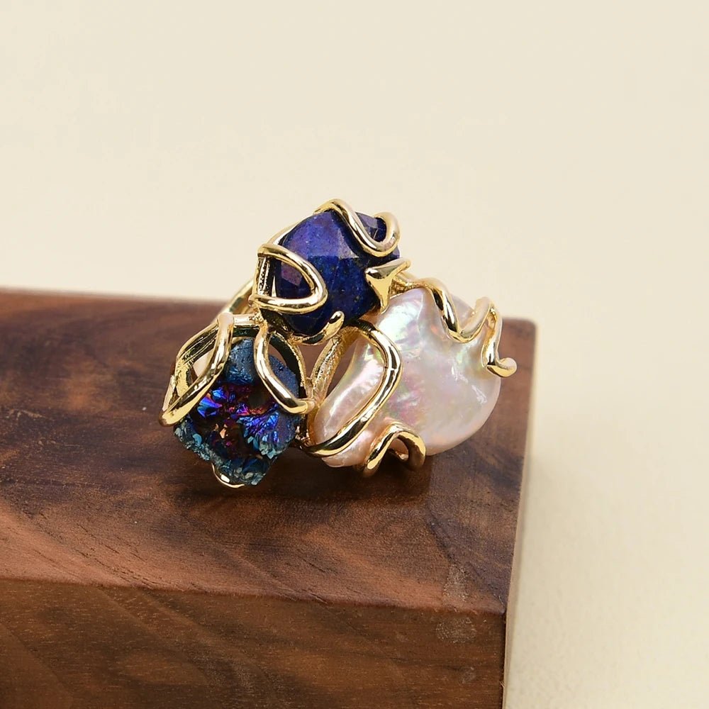 RingsNatural White Pearl Blue Lapis Lazuli Blue Quartz Adjustable Ring - WS JewelleryNatural Stone ColelctionRing