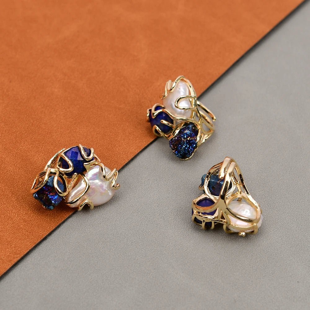RingsNatural White Pearl Blue Lapis Lazuli Blue Quartz Adjustable Ring - WS JewelleryNatural Stone ColelctionRing