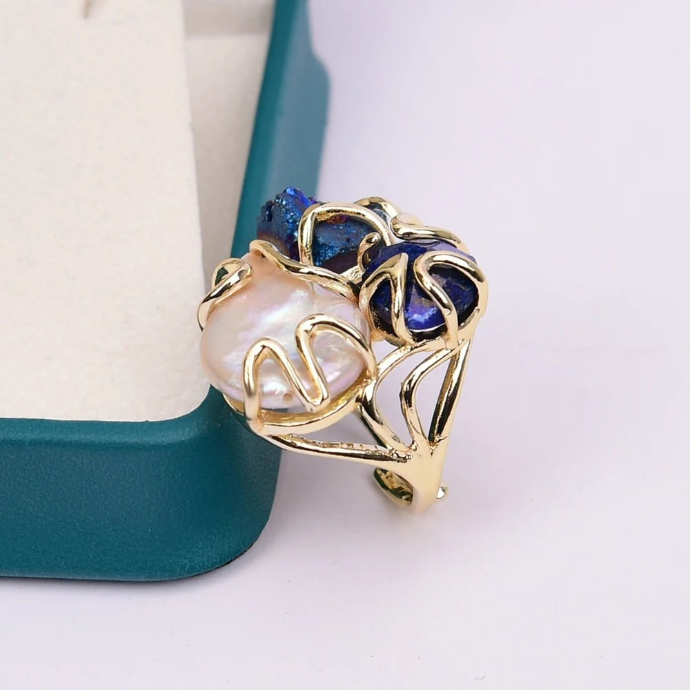 RingsNatural White Pearl Blue Lapis Lazuli Blue Quartz Adjustable Ring - WS JewelleryNatural Stone ColelctionRing