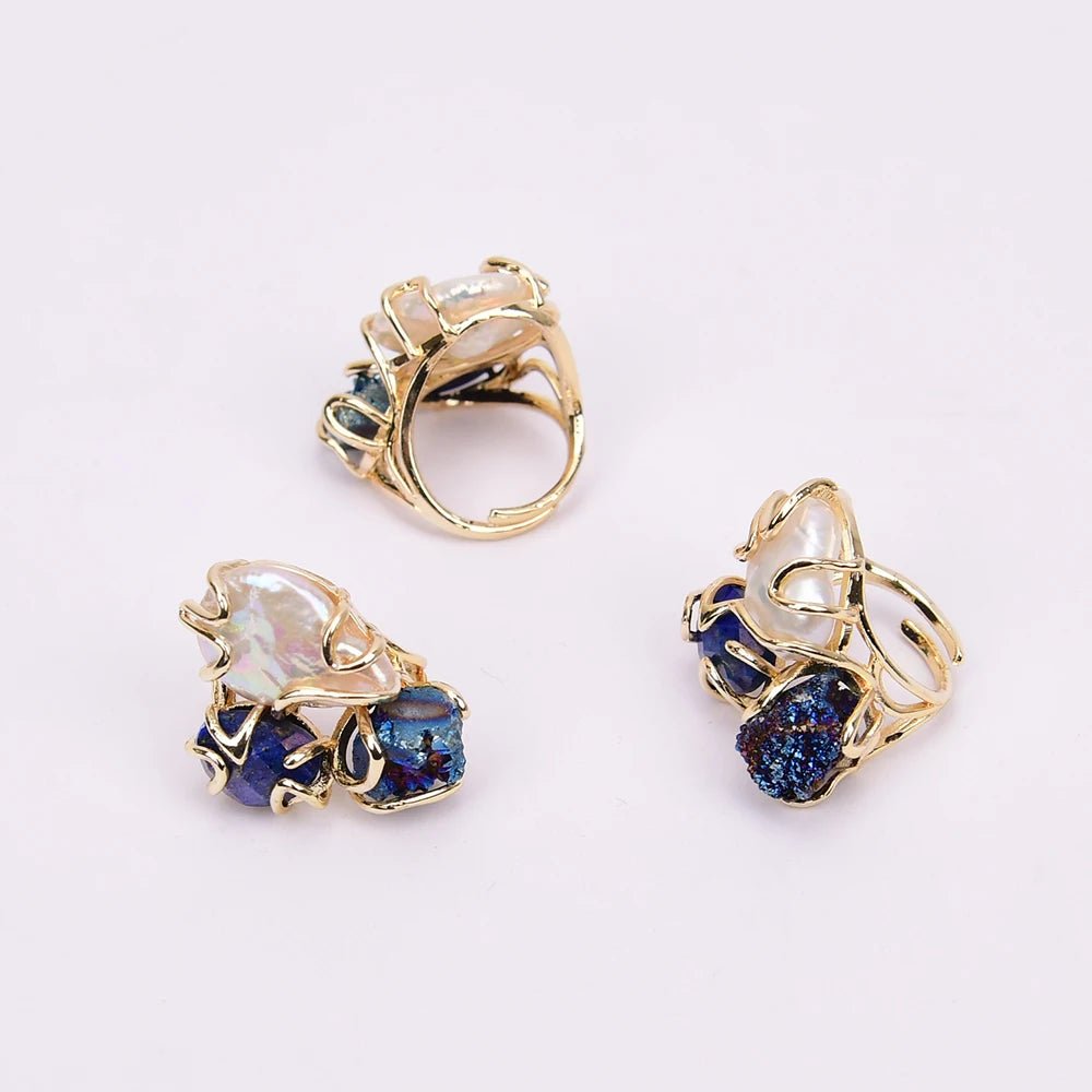 RingsNatural White Pearl Blue Lapis Lazuli Blue Quartz Adjustable Ring - WS JewelleryNatural Stone ColelctionRing