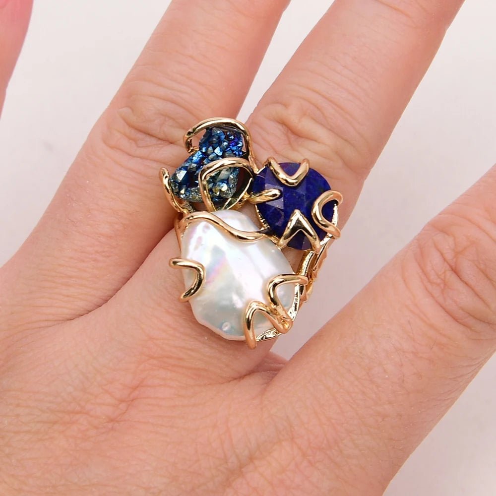 RingsNatural White Pearl Blue Lapis Lazuli Blue Quartz Adjustable Ring - WS JewelleryNatural Stone ColelctionRing