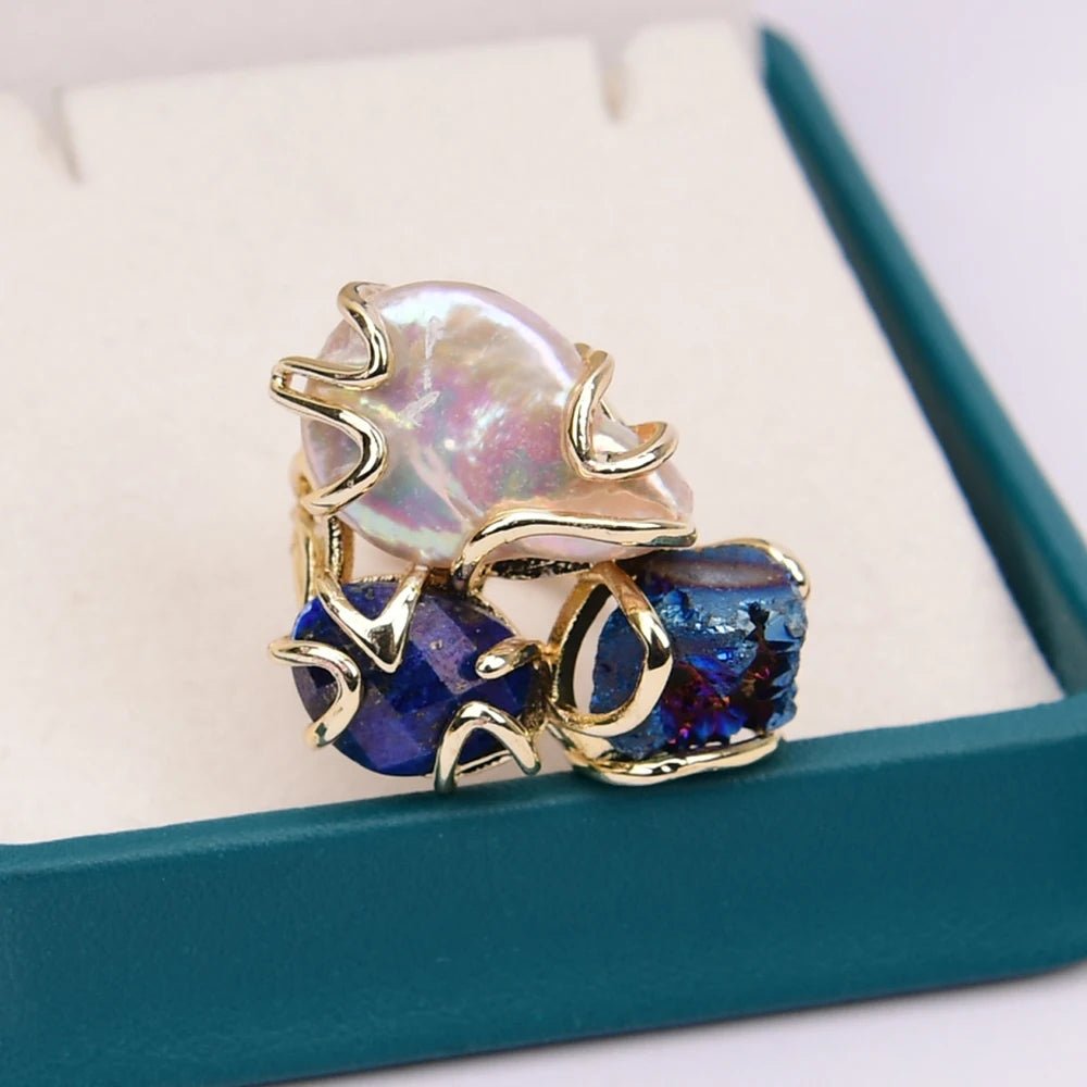RingsNatural White Pearl Blue Lapis Lazuli Blue Quartz Adjustable Ring - WS JewelleryNatural Stone ColelctionRing