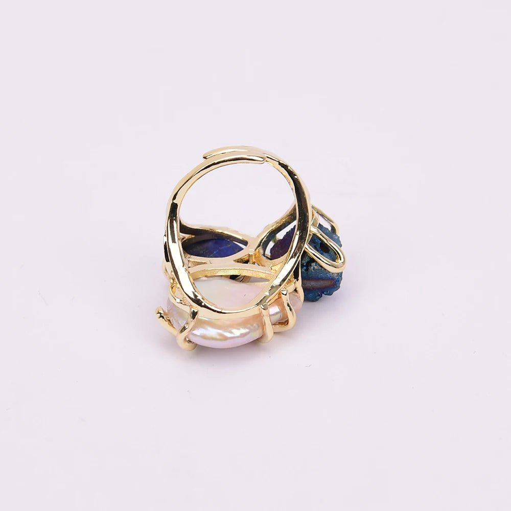 RingsNatural White Pearl Blue Lapis Lazuli Blue Quartz Adjustable Ring - WS JewelleryNatural Stone ColelctionRing