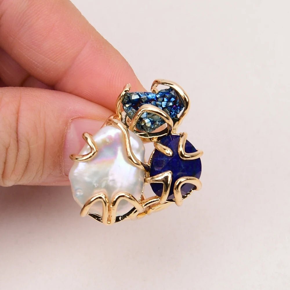 RingsNatural White Pearl Blue Lapis Lazuli Blue Quartz Adjustable Ring - WS JewelleryNatural Stone ColelctionRing