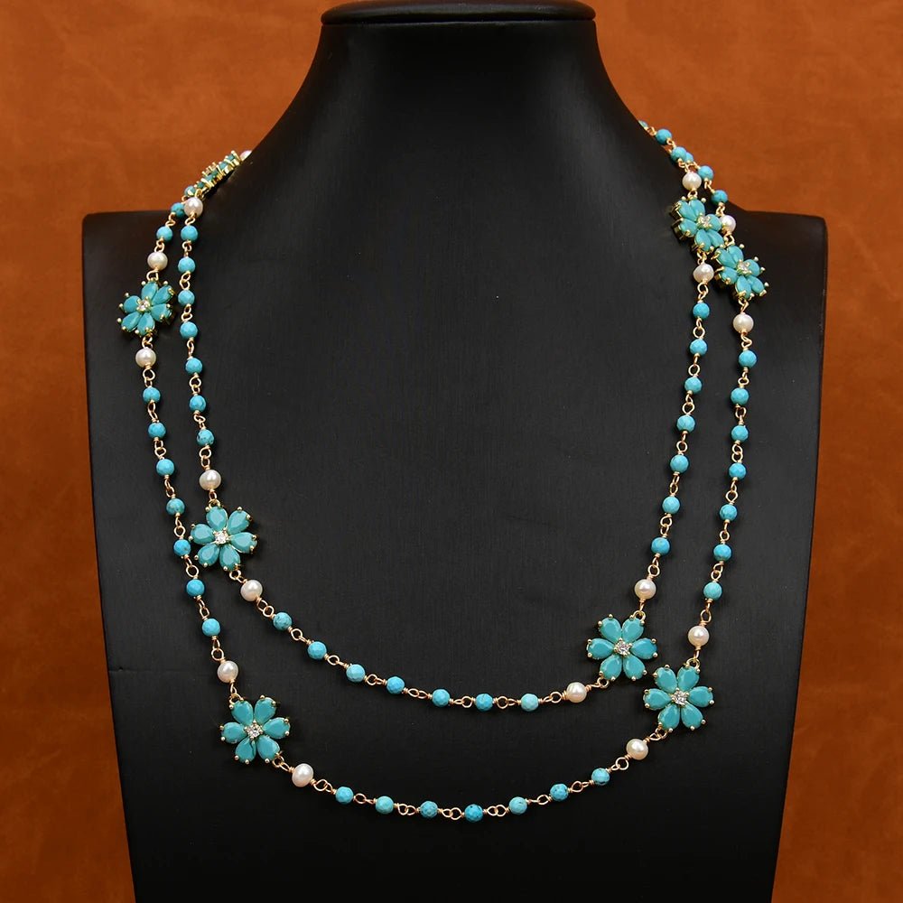 NecklacesNatural White Pearl Turquoise Blue Jade Flower CZ Necklace - WS JewelleryNatural Stone ColelctionNecklace