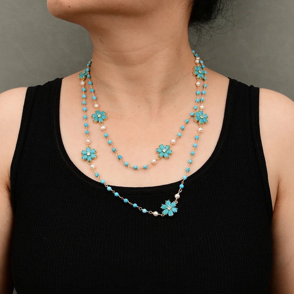 NecklacesNatural White Pearl Turquoise Blue Jade Flower CZ Necklace - WS JewelleryNatural Stone ColelctionNecklace
