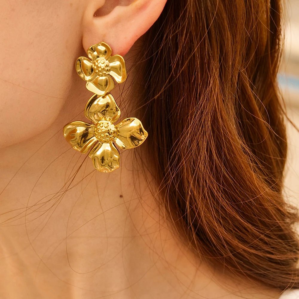 Stainless Steel Golden Flower Stud Earrings Rings Bangle - WS JewelleryStainless Steel