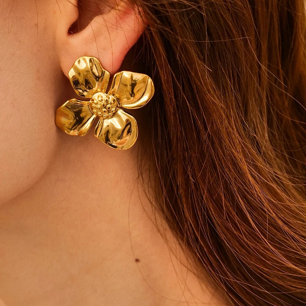 Stainless Steel Golden Flower Stud Earrings Rings Bangle - WS JewelleryStainless Steel