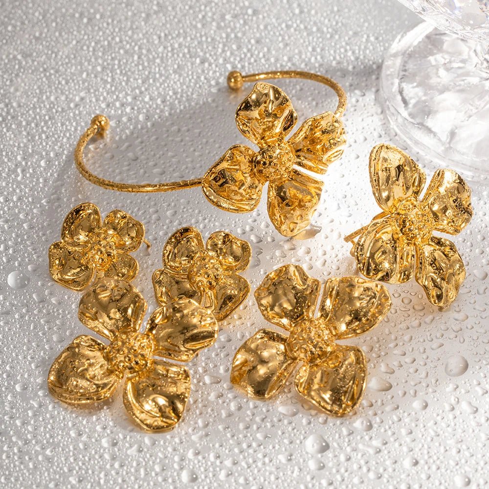 Stainless Steel Golden Flower Stud Earrings Rings Bangle - WS JewelleryStainless Steel