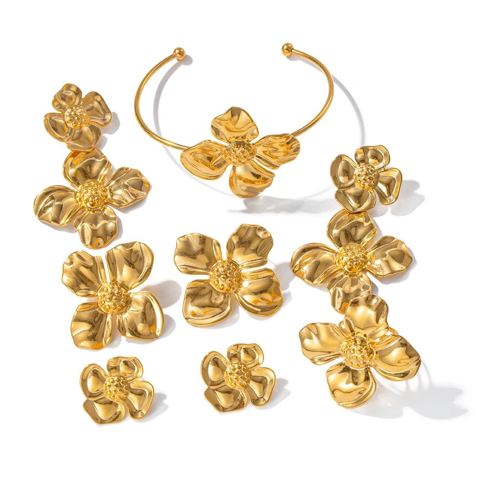Stainless Steel Golden Flower Stud Earrings Rings Bangle - WS JewelleryStainless Steel