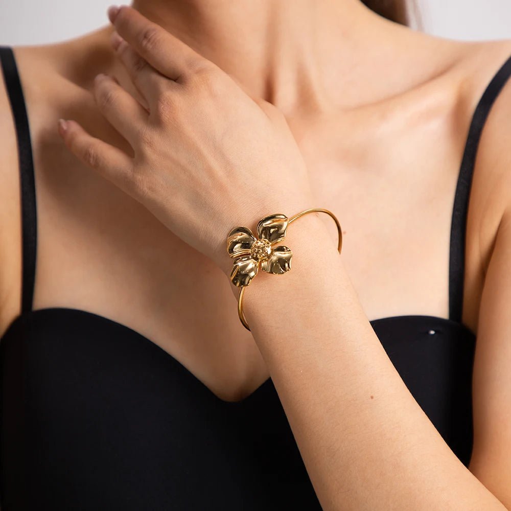 Stainless Steel Golden Flower Stud Earrings Rings Bangle - WS JewelleryStainless Steel