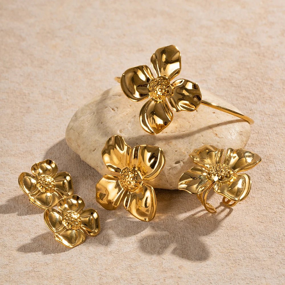Stainless Steel Golden Flower Stud Earrings Rings Bangle - WS JewelleryStainless Steel