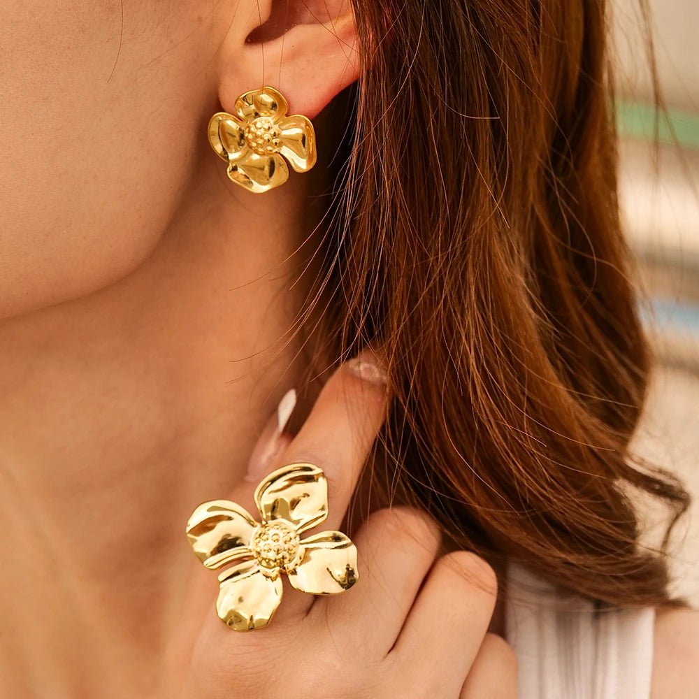 Stainless Steel Golden Flower Stud Earrings Rings Bangle - WS JewelleryStainless Steel
