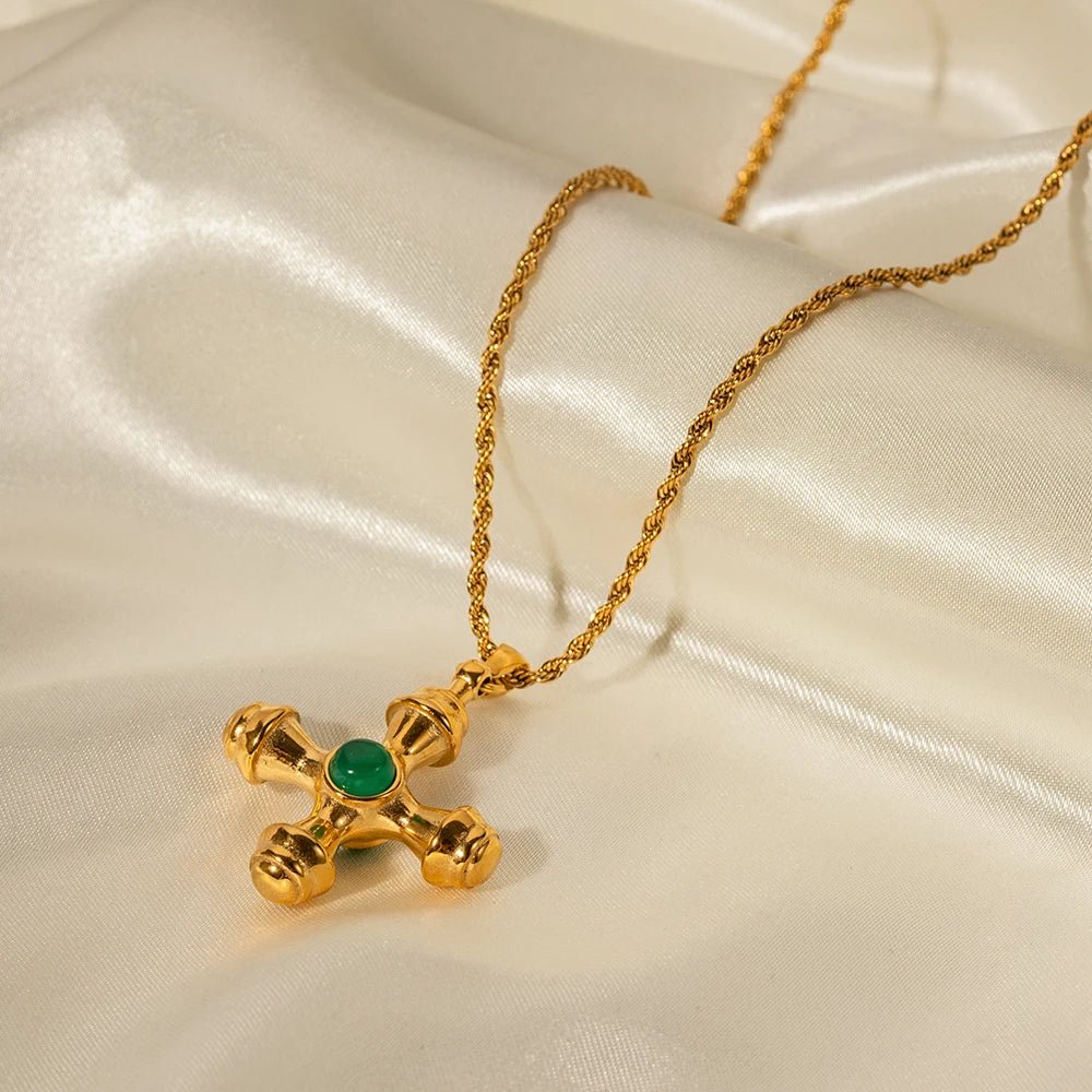 Stainless Steel Waterproof Cross Inlaid Green Agate Tiger Eye Pendant Necklace - WS JewelleryStainless Steel