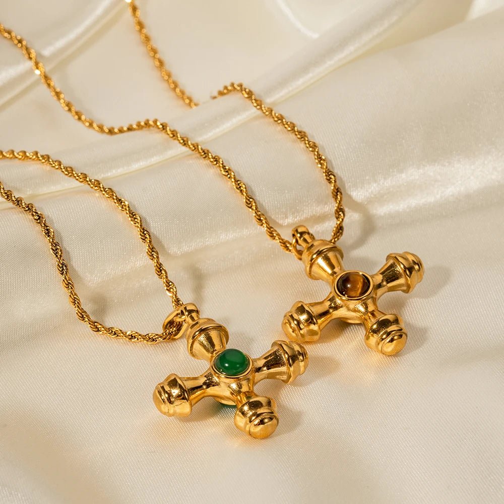 Stainless Steel Waterproof Cross Inlaid Green Agate Tiger Eye Pendant Necklace - WS JewelleryStainless Steel