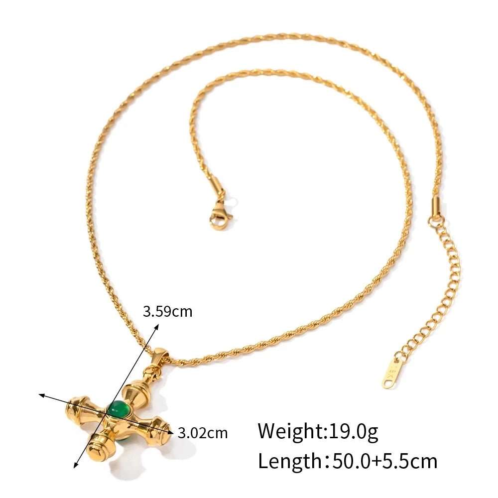 Stainless Steel Waterproof Cross Inlaid Green Agate Tiger Eye Pendant Necklace - WS JewelleryStainless Steel