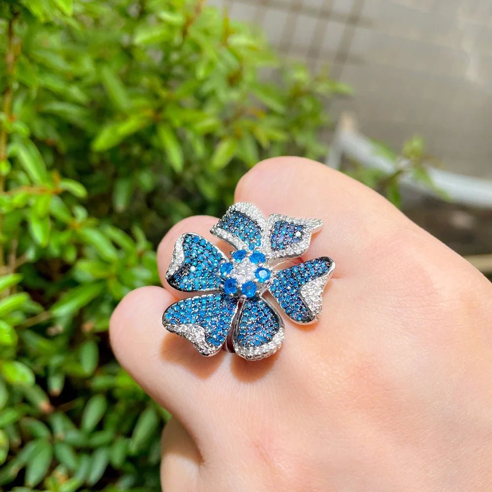 RingsTwo Tones Blue Flower Rind R238 - WS JewelleryBridal RingCocktail RingFlower Ring