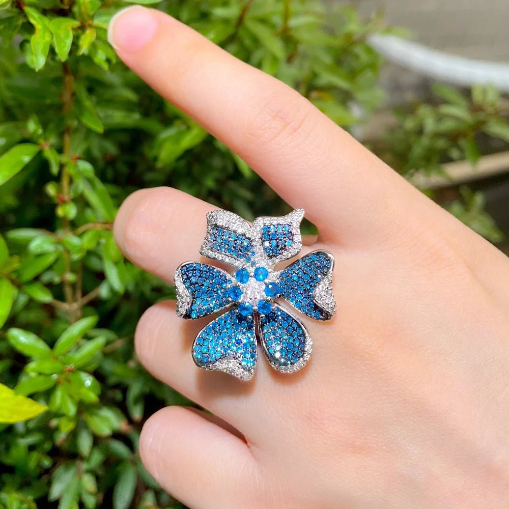 RingsTwo Tones Blue Flower Rind R238 - WS JewelleryBridal RingCocktail RingFlower Ring