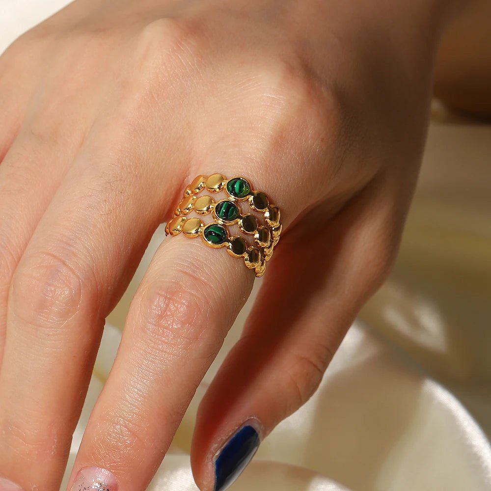 Vintage 18K GP WaterProof Malachite Open Ring - WS JewelleryStainless Steel