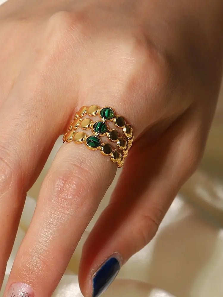 Vintage 18K GP WaterProof Malachite Open Ring - WS JewelleryStainless Steel