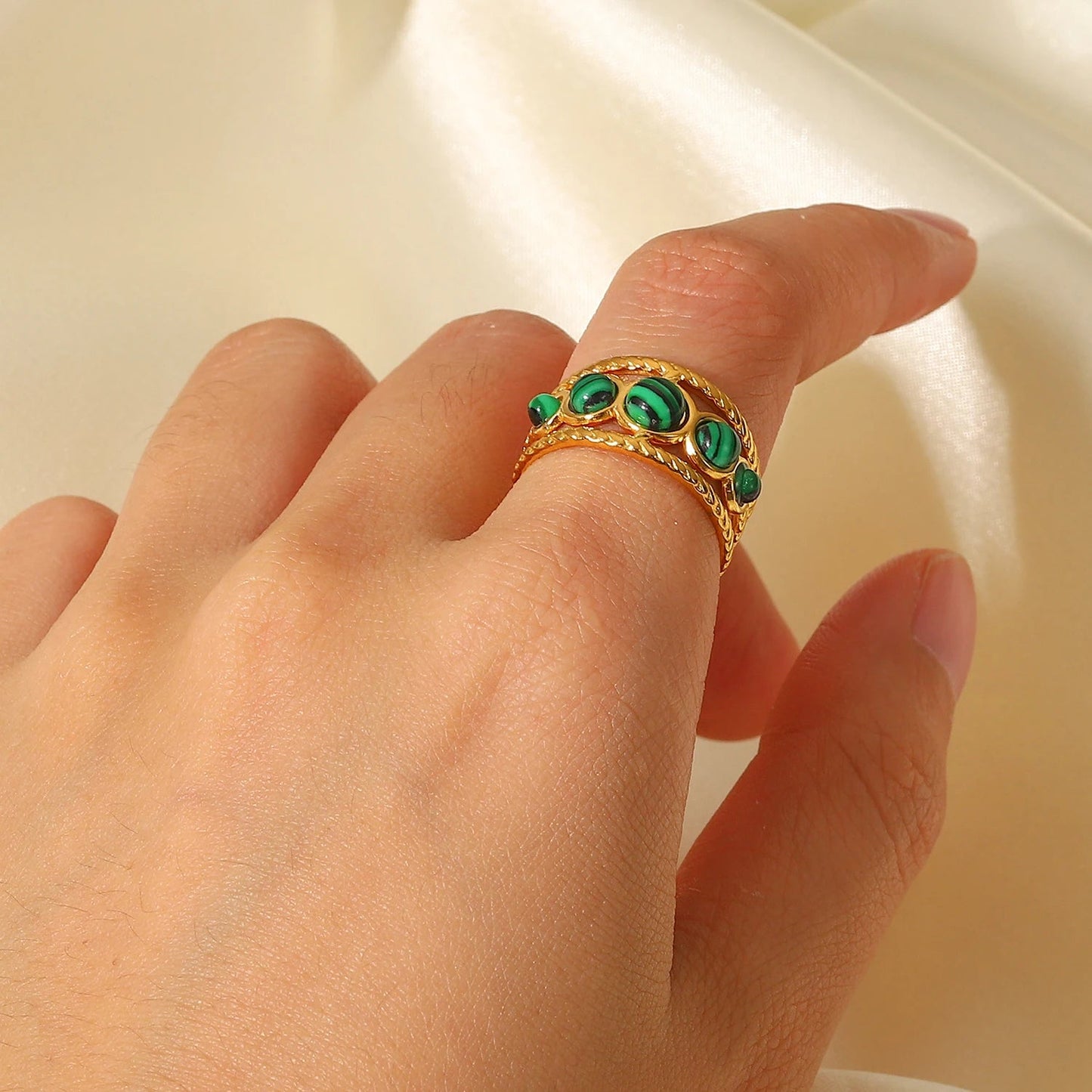 Vintage 18K GP WaterProof Malachite Open Ring - WS JewelleryStainless Steel