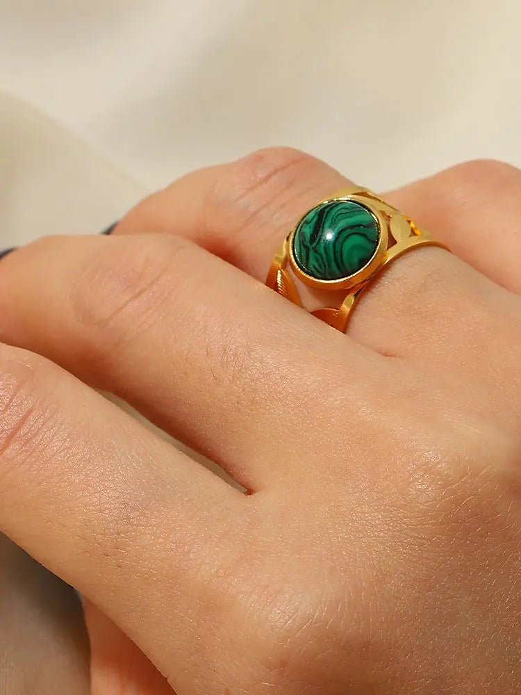 Vintage 18K GP WaterProof Malachite Open Ring - WS JewelleryStainless Steel