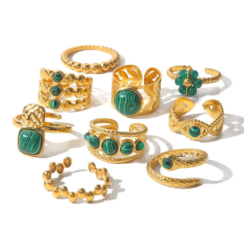 Vintage 18K GP WaterProof Malachite Open Ring - WS JewelleryStainless Steel