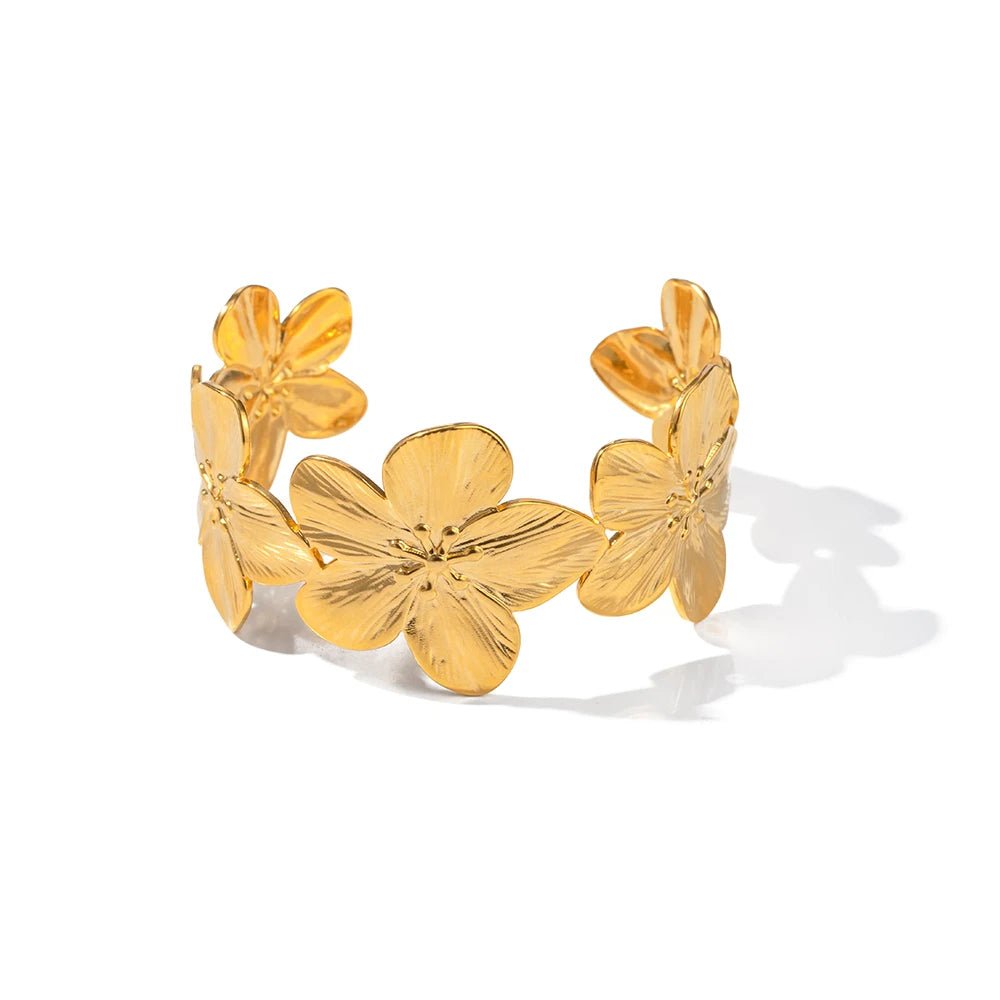 Waterproof Stainless Steel 18K GP Flower Wide Bracelet - WS JewelleryStainless Steel