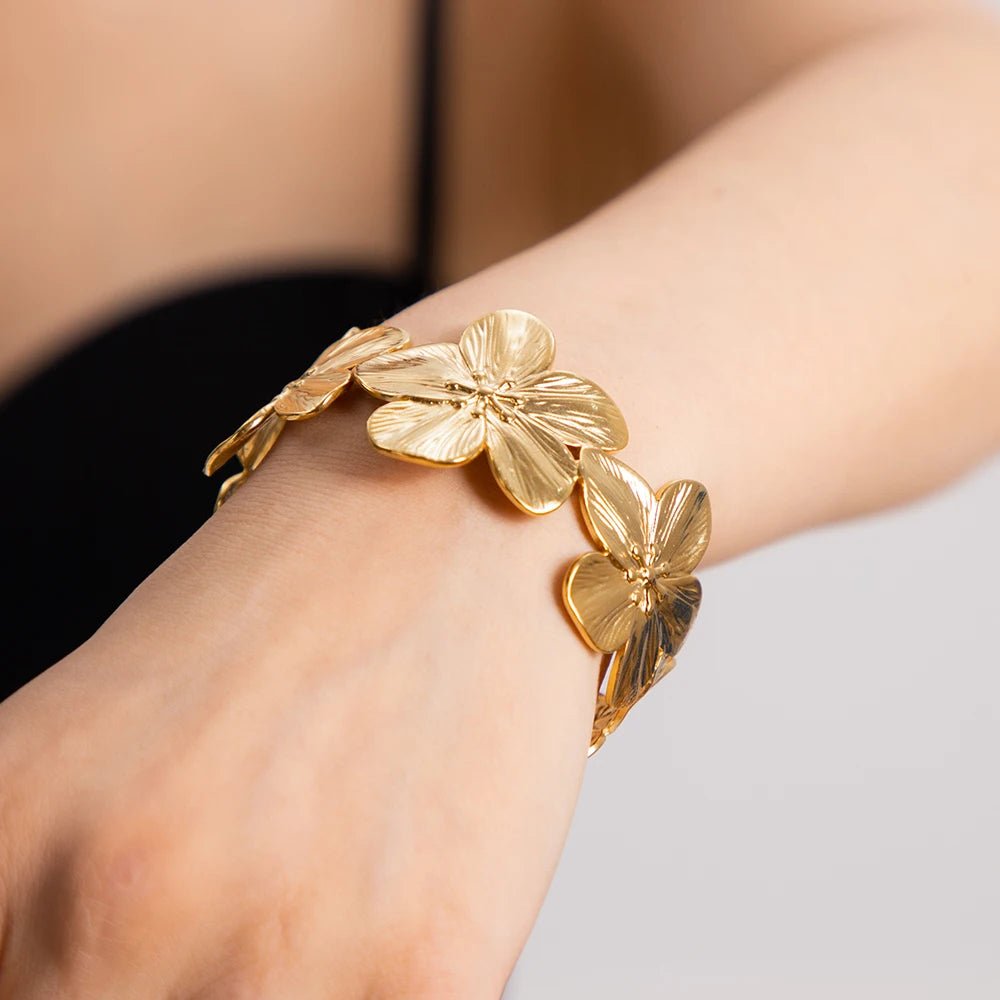 Waterproof Stainless Steel 18K GP Flower Wide Bracelet - WS JewelleryStainless Steel