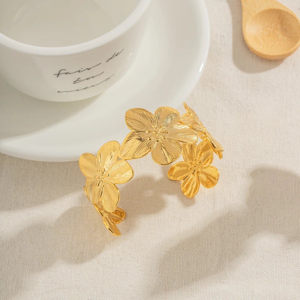 Waterproof Stainless Steel 18K GP Flower Wide Bracelet - WS JewelleryStainless Steel