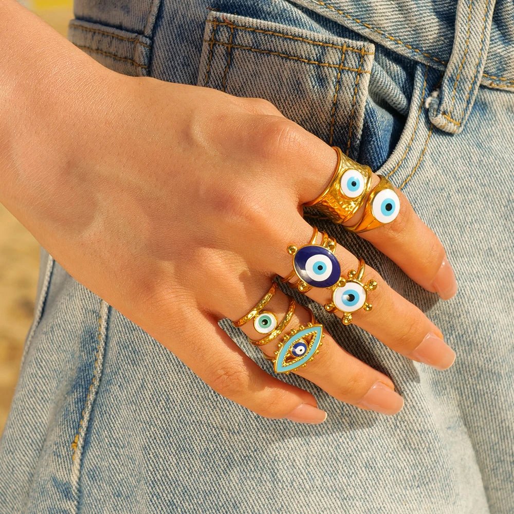 Waterproof Stainless Steel Golden Devil Eye Bead Ring - WS JewelleryStainless Steel