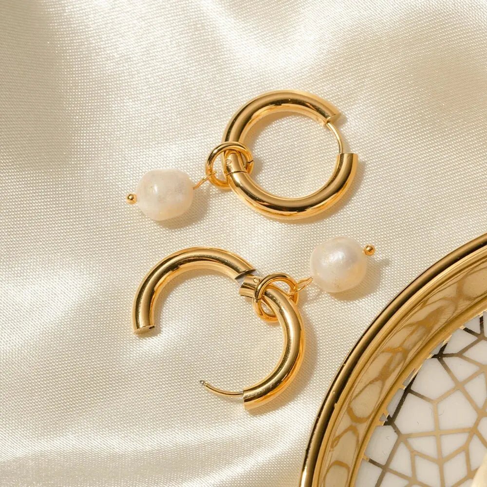 18k GP Stainless Steel Freshwater Pearl Pendant Huggie Earrings - WS JewelleryStainless Steel