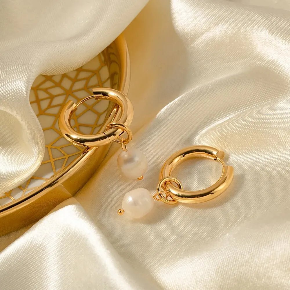 18k GP Stainless Steel Freshwater Pearl Pendant Huggie Earrings - WS JewelleryStainless Steel