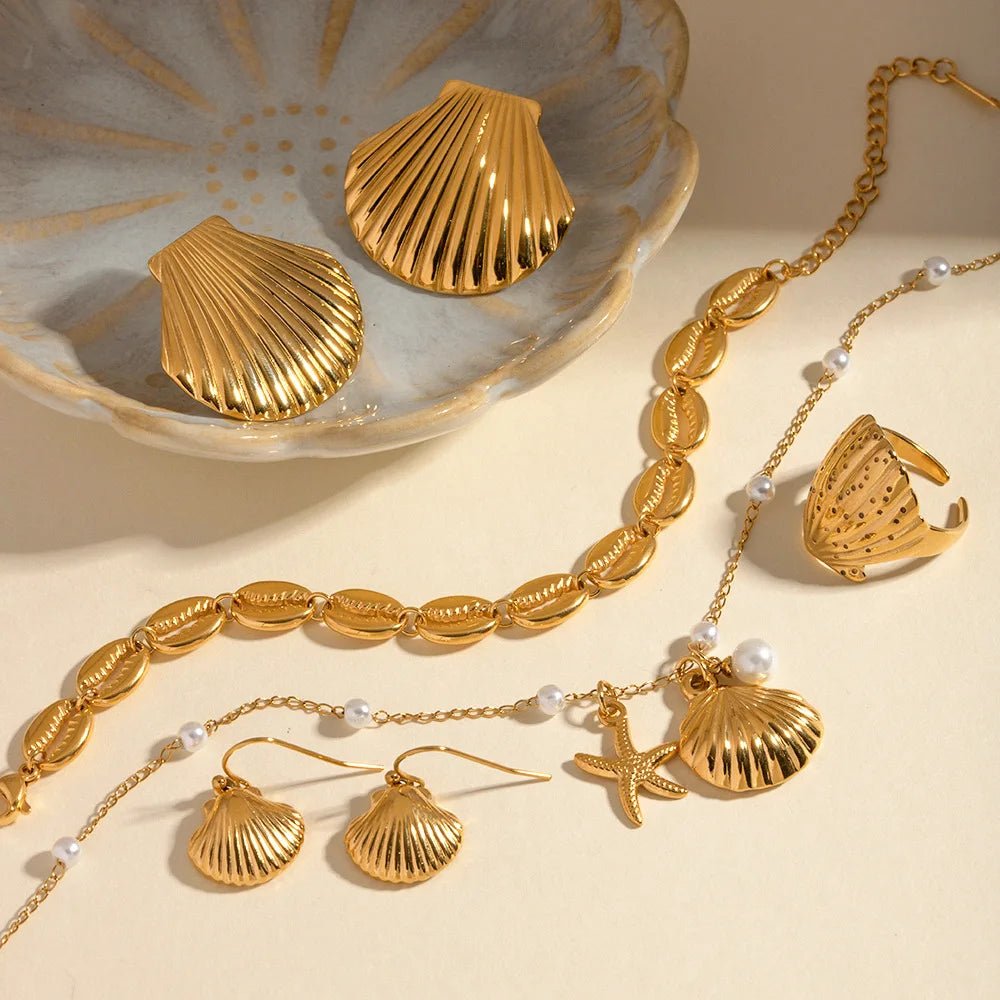 18K GP Stainless Steel Texture Scallop Conch Shell Shape Beach Necklace Earring Set - WS JewelleryStainless Steel