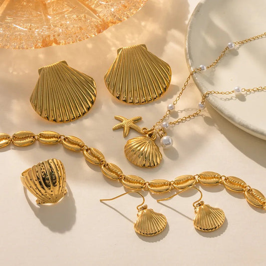 18K GP Stainless Steel Texture Scallop Conch Shell Shape Beach Necklace Earring Set - WS JewelleryStainless Steel