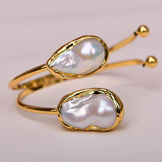 Bracelets2 Rows White Pearl 24 K Gold Plated Bangle Bracelet - WS JewelleryBraceletGold Plated BraceletNatural Stone Bracelet