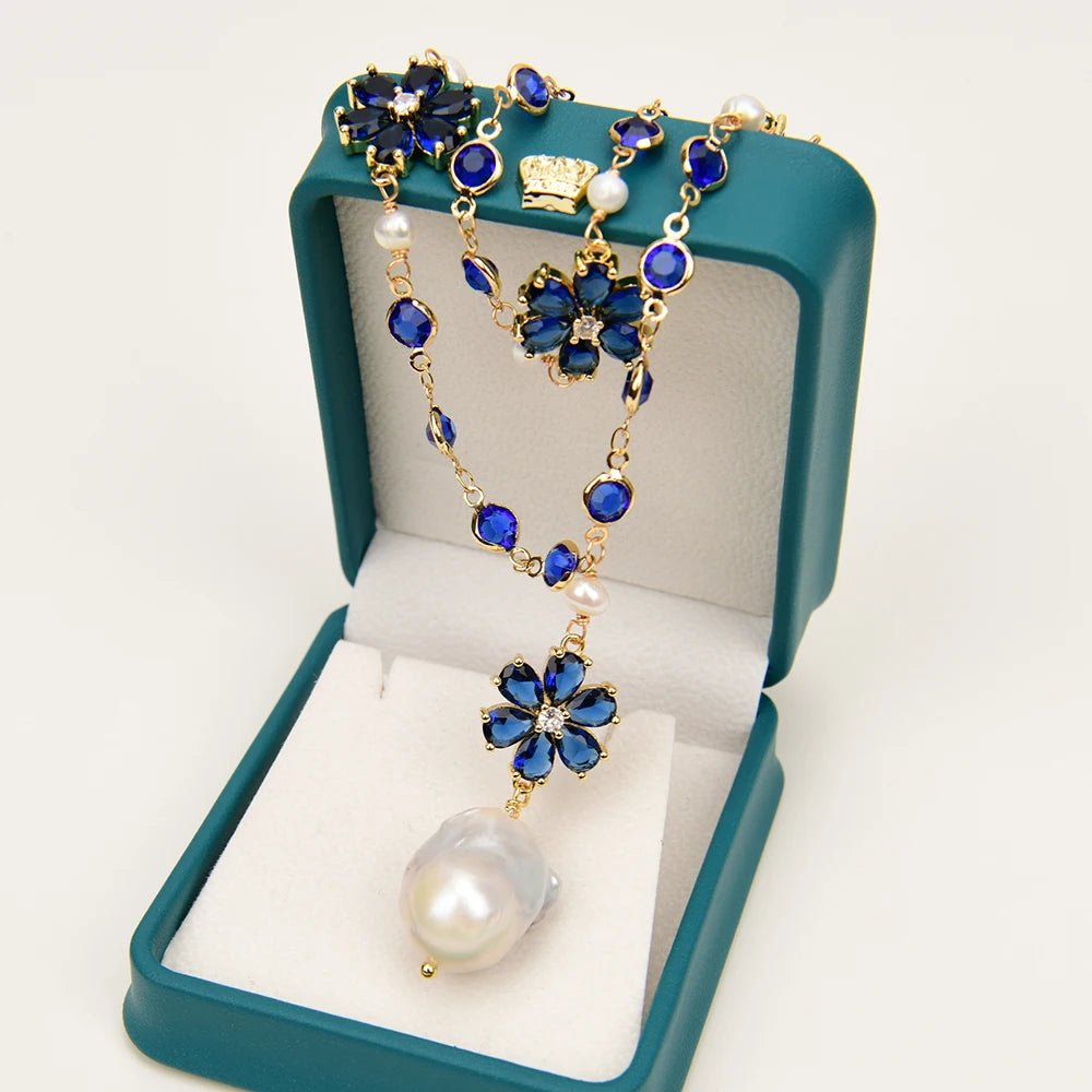 Necklaces2 Rows White Pearl Blue Crystal Flower Necklace - WS JewelleryNatural Stone ColelctionNatural Stone NecklaceNecklace