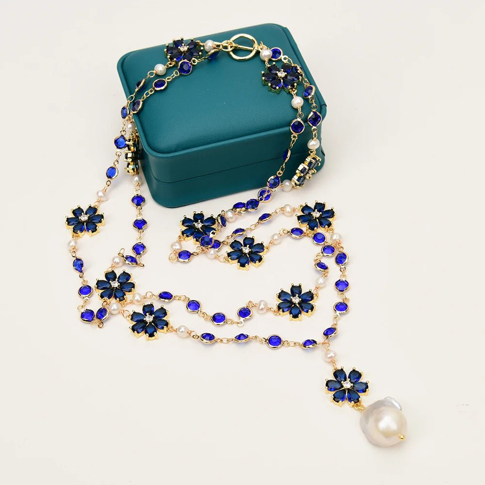 Necklaces2 Rows White Pearl Blue Crystal Flower Necklace - WS JewelleryNatural Stone ColelctionNatural Stone NecklaceNecklace