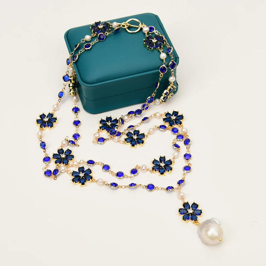 Necklaces2 Rows White Pearl Blue Crystal Flower Necklace - WS JewelleryNatural Stone ColelctionNatural Stone NecklaceNecklace