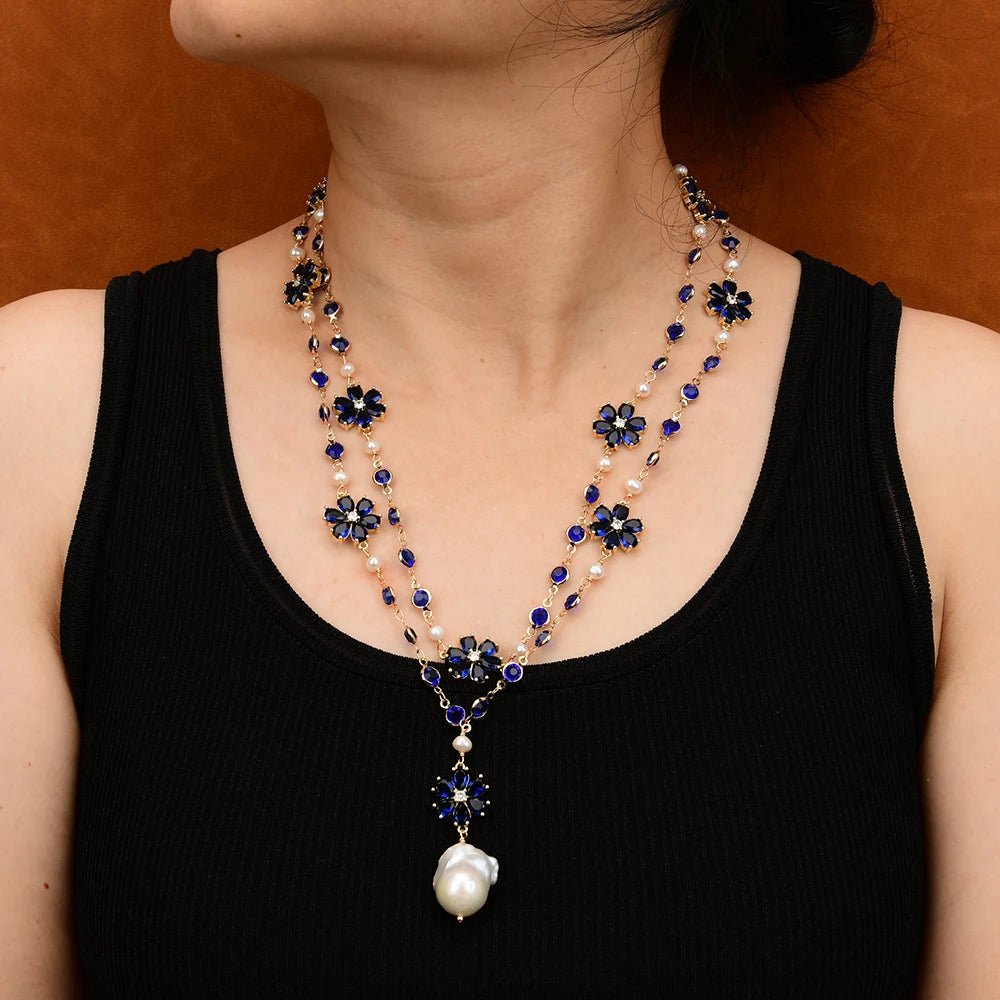 Necklaces2 Rows White Pearl Blue Crystal Flower Necklace - WS JewelleryNatural Stone ColelctionNatural Stone NecklaceNecklace