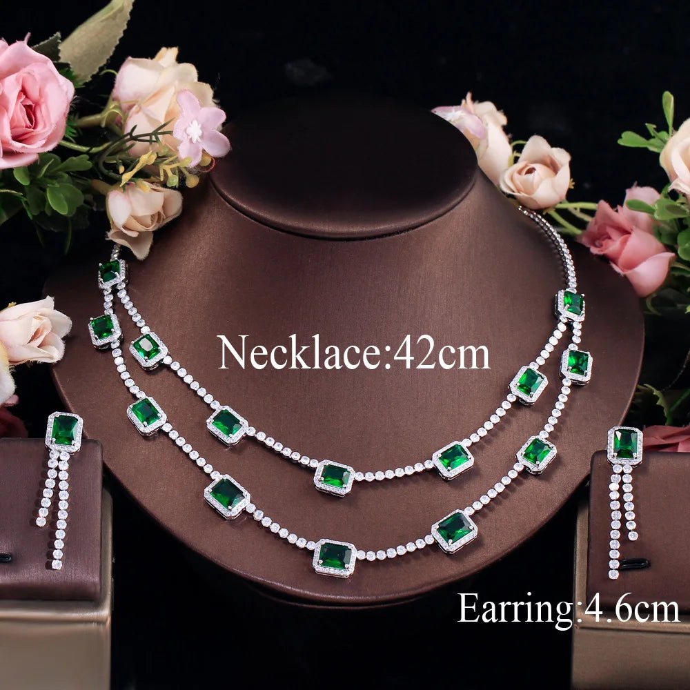 Jewellery Set2Pcs Green Square Double Layered Necklace Earrings Wedding Bridal Jewelry Sets T736 - WS Jewelleryjewellery set