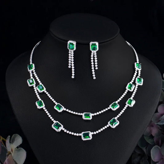 Jewellery Set2Pcs Green Square Double Layered Necklace Earrings Wedding Bridal Jewelry Sets T736 - WS Jewelleryjewellery set