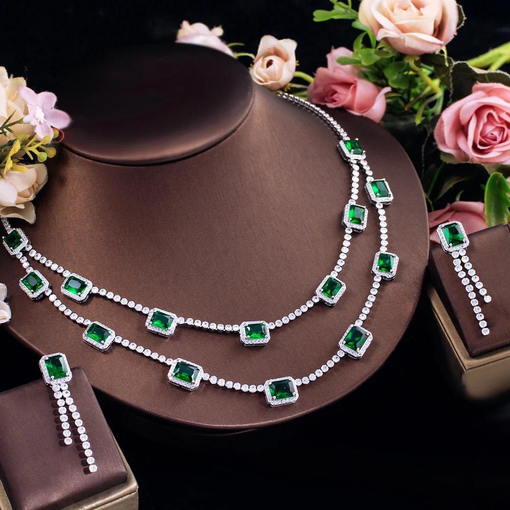 Jewellery Set2Pcs Green Square Double Layered Necklace Earrings Wedding Bridal Jewelry Sets T736 - WS Jewelleryjewellery set