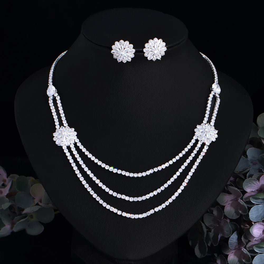 Jewellery Set2Pcs Luxurious Flower Multi Layered Necklace Wedding Bridal Jewelry Sets T732 - WS JewelleryBridal EarringBridal Jewelery SetElegant Jewelery Set