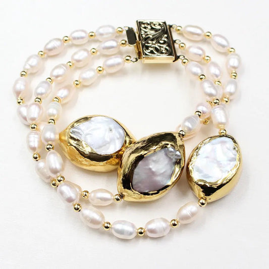 Bracelets3 Rows Freshwater Pearl White Bracelet - WS JewelleryBraceletGold Plated BraceletNatural Stone Bracelet