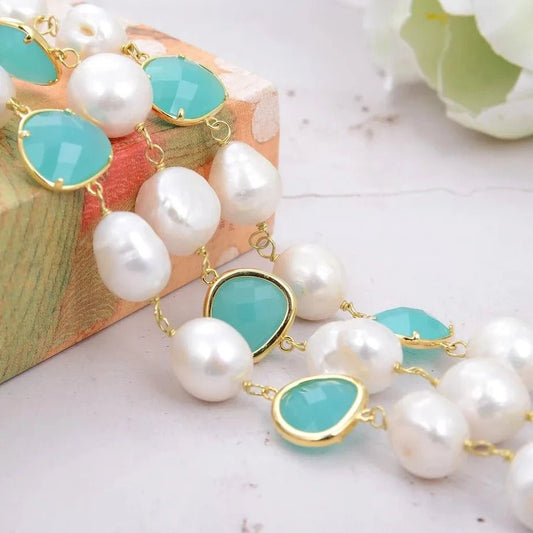 Bracelets3 Rows White Baroque Pearl Green Crystal Bracelet - WS JewelleryBraceletGold Plated BraceletNatural Stone Bracelet