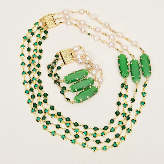 Jewellery Set4 Rows White Pearl Green Crystal Cat Eye CZ Necklace Bracelet Sets - WS JewelleryBraceletGold Plated BraceletNatural Stone Bracelet