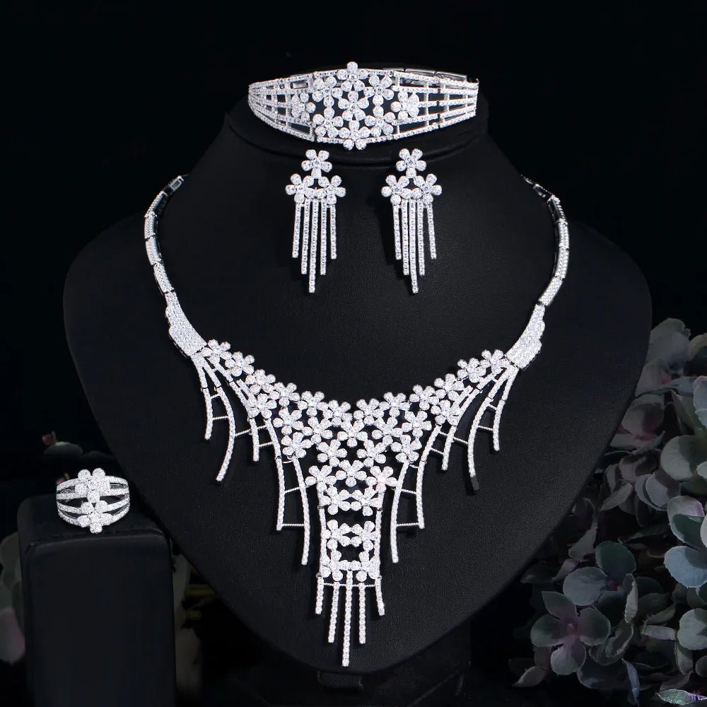 Jewellery Set4Pcs Cluster Flower Tassel Wedding Bridal Pageant Necklace Jewelry Sets T708 - WS Jewellery