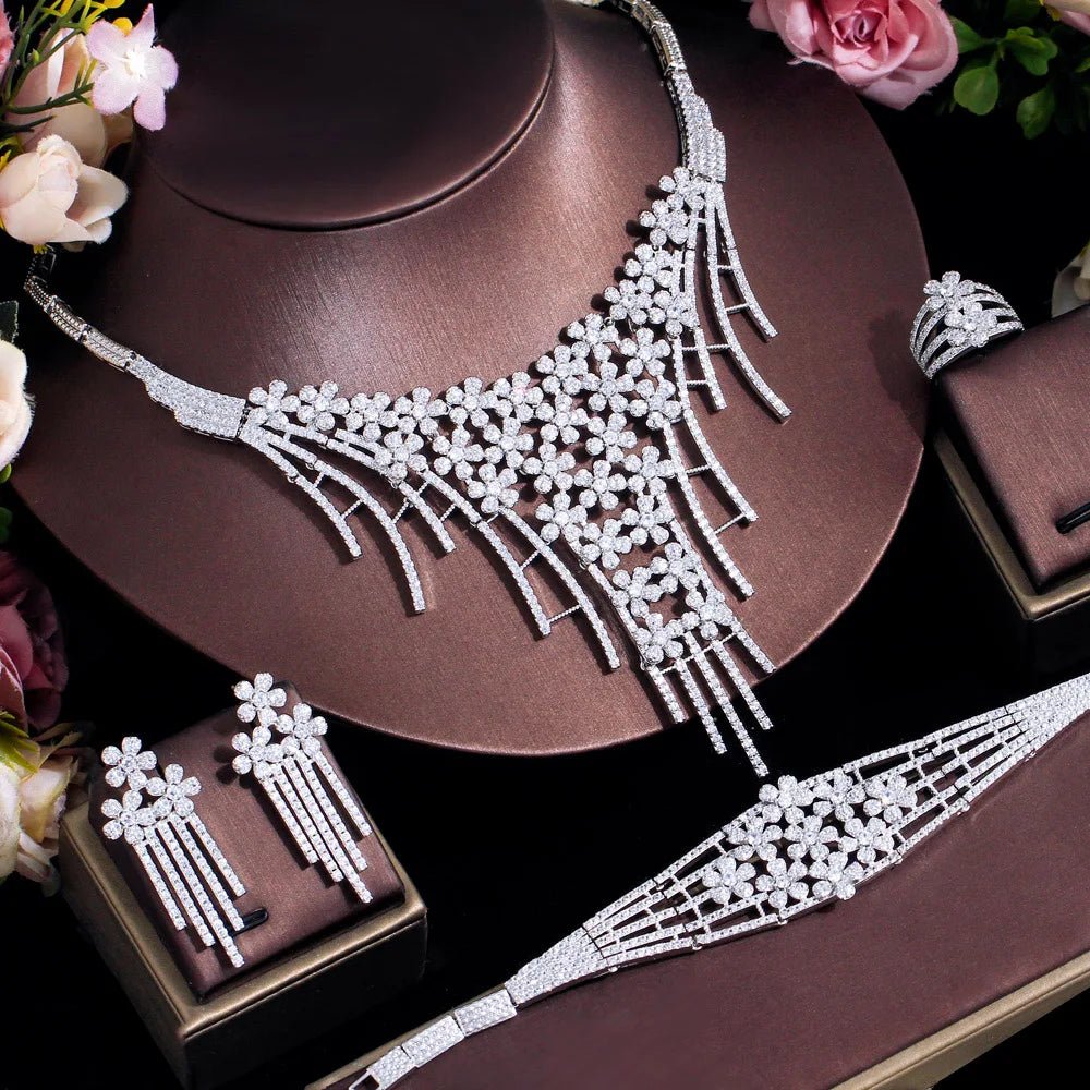 Jewellery Set4Pcs Cluster Flower Tassel Wedding Bridal Pageant Necklace Jewelry Sets T708 - WS Jewellery